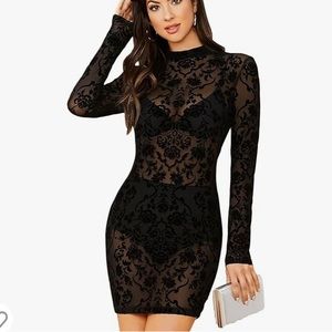 Shear Black Velvet Mesh Long Sleeved Dress